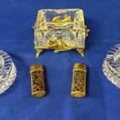 Lot of Crystal Ashtrays and Brass Lighter Covers