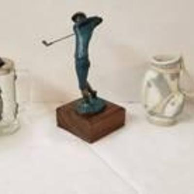 Lot of Golf Decor #3 ~ Brass Golfer, 2 Golfer Mugs, Casade Porcelain Golf Bag Vase and LBGA (Laid Back Golfing Assn.) Golf Bag Vase