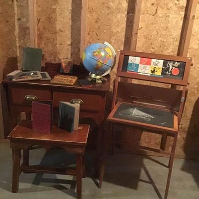 Vintage Childrens Desk, Bench, & Chalk Board