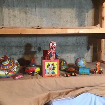 Vintage Wind Up Metal Toys, Tops, & More