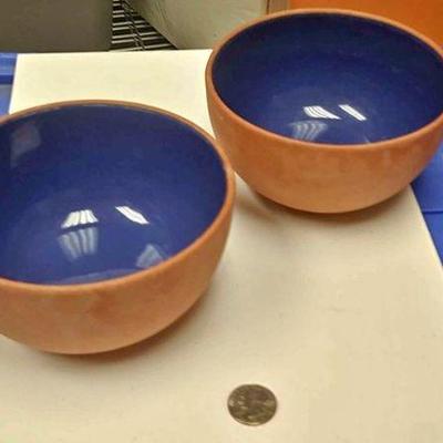 https://www.ebay.com/itm/124139735679 BOX070aa SET OF TWO HAND MADE CLAY BOWLS WITH BLUE GLAZE ON THE INSIDE $10.00  5 7/8 X 3 INCHES