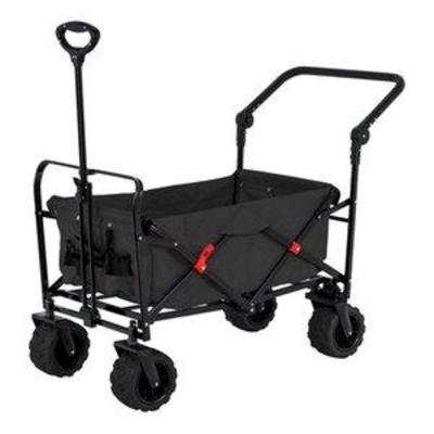 Black Wide Wheel Wagon All Terrain Folding Collapsible Utility Wagon with Push Bar - Portable Rolling Heavy Duty 265 Lb Capacity Canvas...