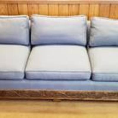 Romweber Viking Oak Furniture ~ 3 Cushion Couch ~ Slate Blue Upholstery wCarved Oak Trim ~ 90 in. x 34 in. x 26 in.