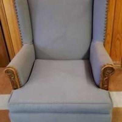 Romweber Viking Oak Furniture ~ Wing Back Chair ~ Slate Blue Upholstery wCarved Oak Trim ~ 27 in. x 31 in. x 38 in. Tall (back)