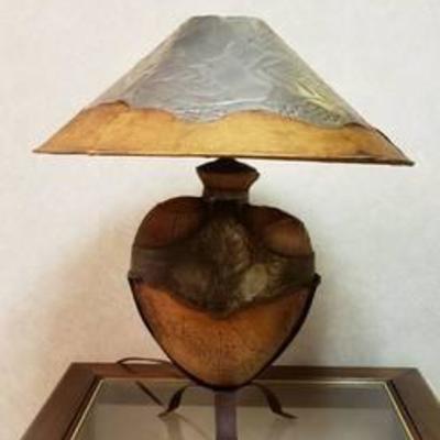 Cradled Heart Lamp ~ Steel, Leather and Tin Materials ~ Works ~ 24 in. tall x 21 in. diameter Shade