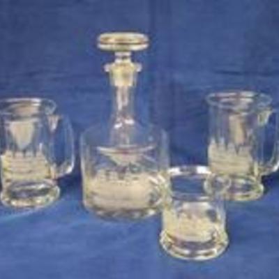 Lot of Etched Clear Glass Bar Ware ~ Cutter Ship Design ~ Decanter, 4 Large Mugs and Hi-ball Glass