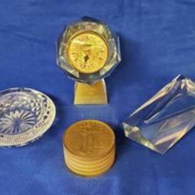 Lot of Crystal and Brass Clock ~ 3 Crystal pieces Award Clock Ashtray and Pipe Holder ~ Clock Brass Liberty - Bulova Wind Up