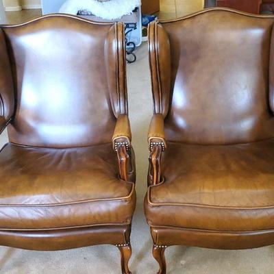 *PRESALE #29 - Leather Vintage Highback Wing Chairs w/ Nail Head Trim Accents, great condition ($190/pair)
