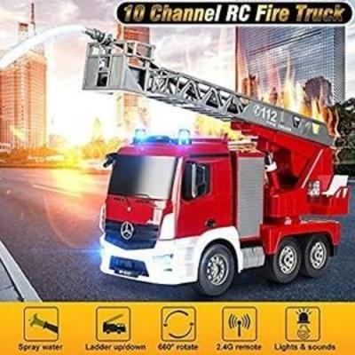 DOUBLE E Remote Control Fire Truck Mercedes-Benz Licensed 10 Channel Fire Engine Water Pump 18 Inch Extendable Ladder Sounds Lights...