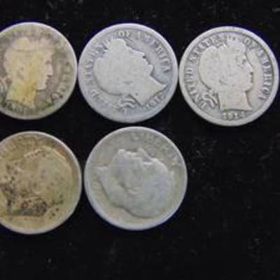 5 Silver Dimes - 3 Barber & 2 Jefferson - Circulated - Ungraded