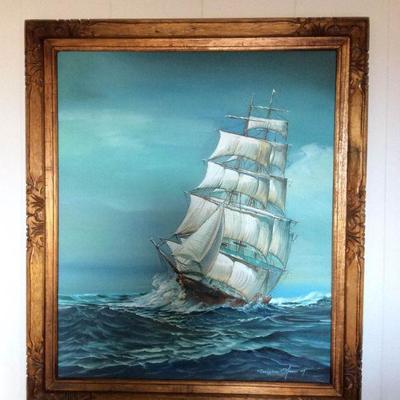 MVF005 Original Framed Painting Of Ship At Sea