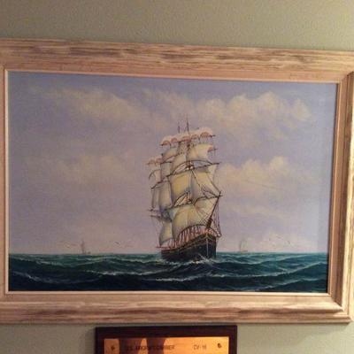 MVF018 Original Framed Painting Of Ships At Sea