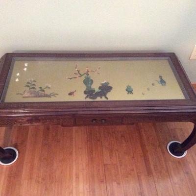 MVF098 Asian Glass Top Carved Wooden Coffee Table With 2D Jade Like Design