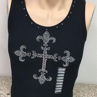 https://www.ebay.com/itm/114171890419 KB0074: Bedazzled Black Tank Top with Fleur De Lis Cross Small (1)