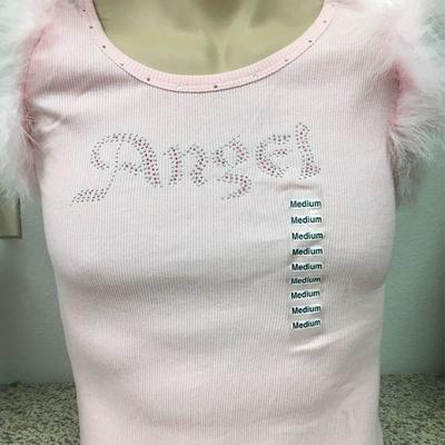 https://www.ebay.com/itm/114171772704 KB0070: Bedazzled Pink "Angel" Tank Top with Feather trim and Wings on Back Medium (2)