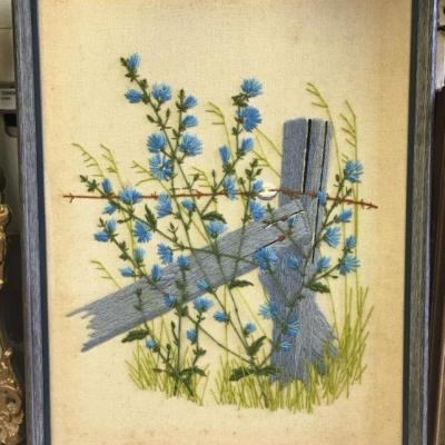 https://www.ebay.com/itm/124124651564 KB0026: Needlepoint Art Blue Posts with Barbed Wire and Blue Flowers, 26.5â€x20.5â€ $20