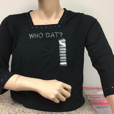 https://www.ebay.com/itm/114171901578 KB0079: Bedazzled Black "WHO DAT? WE DAT!" 3/4 Sleeve Shirt Small (1)
