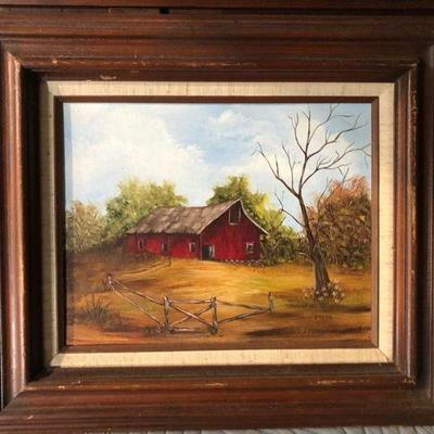 https://www.ebay.com/itm/124123626543 LAN773 Red Farmhouse Oil on Board Framed Local Pickup $35