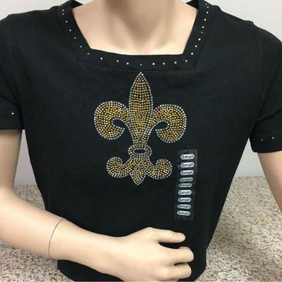 https://www.ebay.com/itm/124142015710 KB0081: Bedazzled Black Short Sleeve Shirt with Gold Fleur De Lis Small (1)