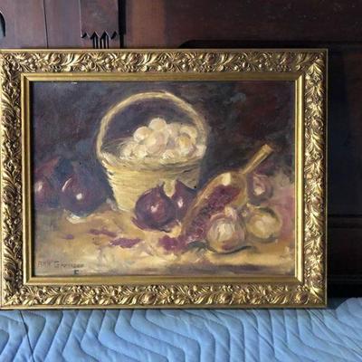 https://www.ebay.com/itm/124123625719 LAN771: Ann Garmson Still Life Fruit and Basket Oil on Canvas Framed Local Pi $50