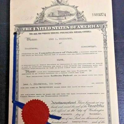 https://www.ebay.com/itm/124045181081 LAN634 UNITED STATES OF AMERICA PATENT DOCUMENT DATED 1924 FOR A PLOW BY INVENTE