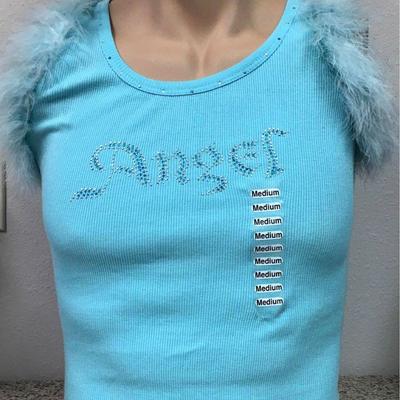 https://www.ebay.com/itm/114171881806 KB0071: Bedazzled Blue "Angel" Tank Top with Feather trim and Wings on Back X-Large (1)