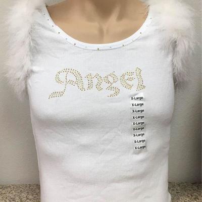 https://www.ebay.com/itm/114171771534 KB0069: Bedazzled White "Angel" Tank Top with Feather trim and Wings on Back XL