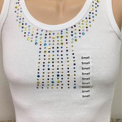 https://www.ebay.com/itm/114171898137 KB0077: Bedazzled White Tank Top with Multi Color Detailing Small (1)