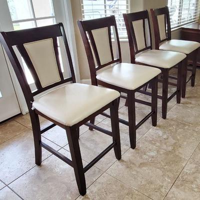 #22 - 4 Kitchen Counter Chairs, dark wood w/ cream faux leather, seat height 25