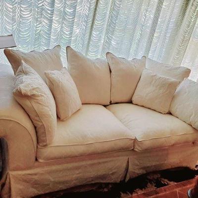 Beautiful white damask sofa with matching chair and ottoman shown next picture all for $300.00 