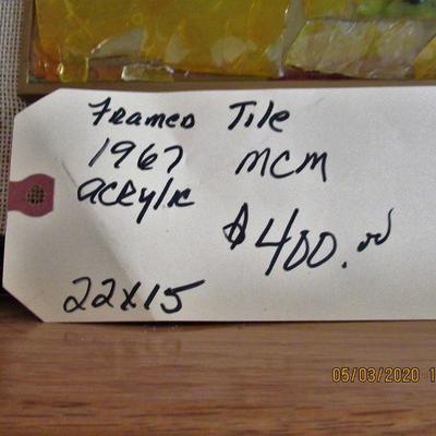 $400.00  MCM FRAMED TILE MADE OF ACRYLIC AND GLASS SIGNED,  22X15  DATED 1967