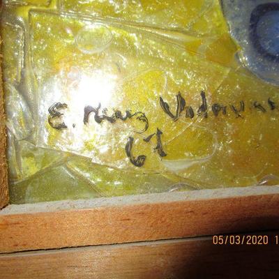 $400.00  MCM FRAMED TILE MADE OF ACRYLIC AND GLASS SIGNED,  22X15  DATED 1967