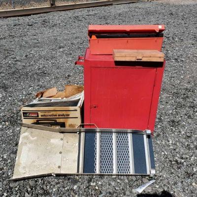 10077	

Storage Cabinet, Depth Gauge, A&B Sluice Box, Automotive Analyzer, Road Marker
Storage Cabinet Approximately 23"T x...