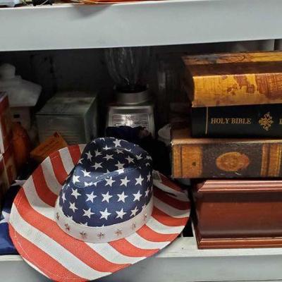 5534	
King James Holy Bible, Holiday Mugs, American Flag, American Flag Hat, And More
Also Includes, Blender, Lantern, Mixer, And More