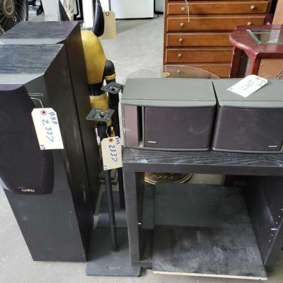 2337	
2 Infinity Speakers, 2 Bose Speakers, 2 Speakers Stands, 1 Cabinet
Infinity Speakers- 15-125W Power Amplifier. Bose Speakers- Model...