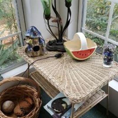 Wicker table with accessories. Table $35.00 