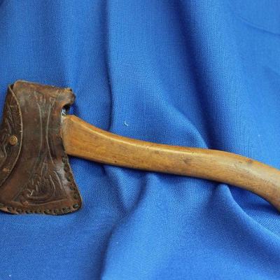 Lot 201: Collins Axe with BSA Leather Sheath; original wood handle  $35