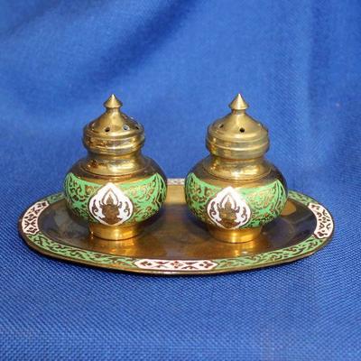 Lot 207: 3 pc Shaker set, Green enamel and Brass, slight verdigris , one top will not come off  $15