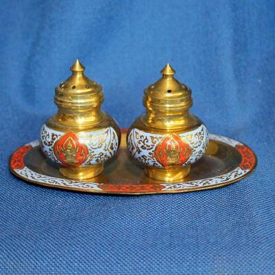 Lot 208: 3 Pc. Shaker set Blue/red Enamel and Brass, slight verdigris  $15
