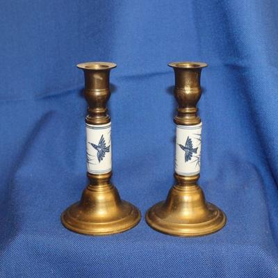 Lot 241: Pr Brass and Porcelain Blue and White Asian inspired Candleholders  $20
