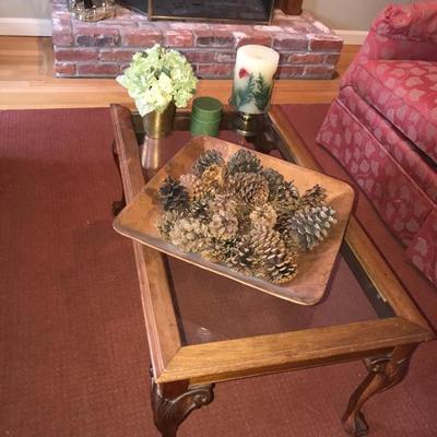 Solid Hand carved wood table w/ glass top $65
