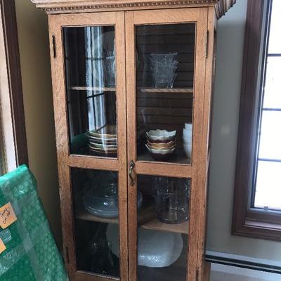 SOLD 
Antique Hand carved Oak Glass Cabinet w/ Shelves  
$285
5' Tall
26