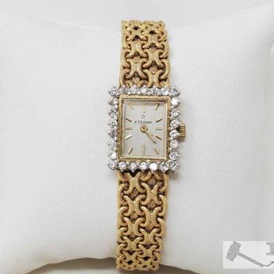 14k Gold Eterna Watch With Accent Diamonds, 37.2g
Weighs Approx 37.2g, Measures Approx . Comes with watch case