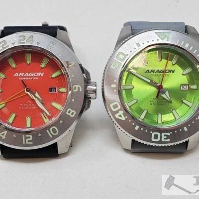 746	

Two Aragon Watches
Includes silver Aragon watch with red accents, silver Aragon watch with green accents