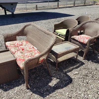 10036	

Wicker Patio Furniture
Includes 3 Tables, 4 Chairs, And Love Seat. Table Measurements Range Approx16