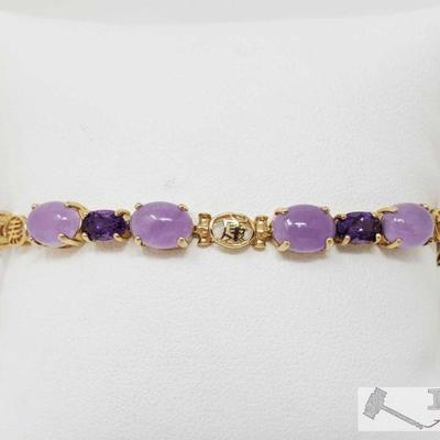 592	

Purple Jade, Amethyst, 14k Gold Bracelet, 9.3g
Weighs Approx 9.3g, Measures Approx 7.5