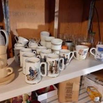Assorted mugs and glasses - 11 are Norman Rockwell - bring boxes