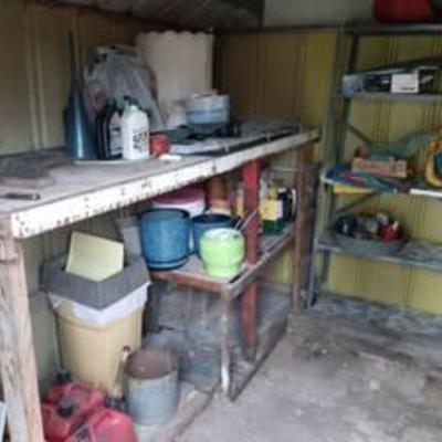 All remaining in North shed - 2 metal shelves, planters and chemicals