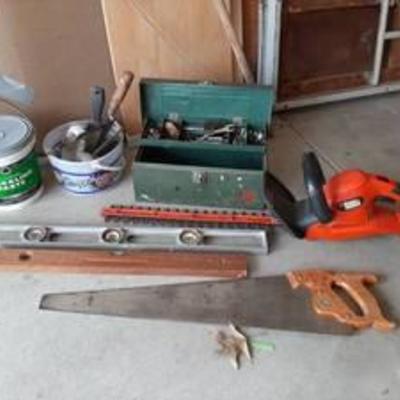 Black and Decker hedge trimmer, tool box, trowels, saw and levels
