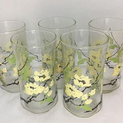 https://www.ebay.com/itm/114194996212	BR002: Mid-Century Modern Glass Tumblers with White Flowers on Branches, 5 pieces, 5" 	 $20 
